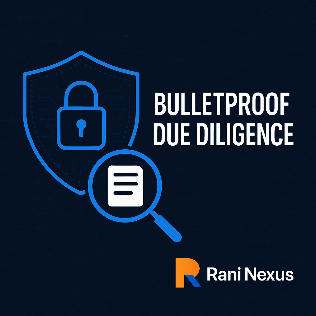 Illustration showing bulletproof due diligence with a digital shield, magnifying glass, and the Rani Nexus logo