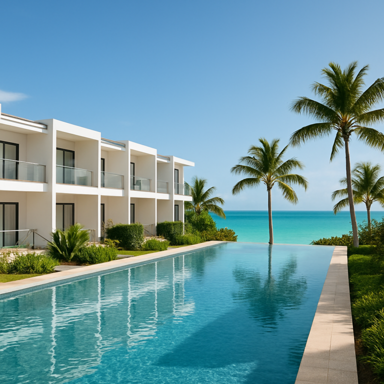 Infinity pool and modern white townhouses overlooking the turquoise Caribbean sea at Amadora Residences, framed by palm trees under a clear blue sky.