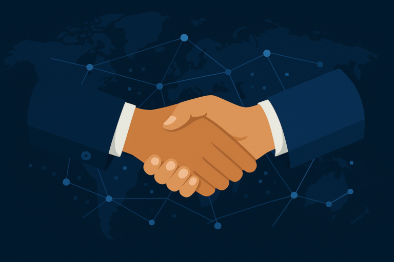 Professional handshake over a global digital network, symbolizing trust, compliance, and transparency in international finance, with no text overlay.