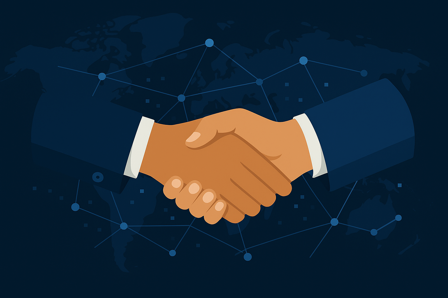 Professional handshake over a global digital network, symbolizing trust, compliance, and transparency in international finance, with no text overlay.
